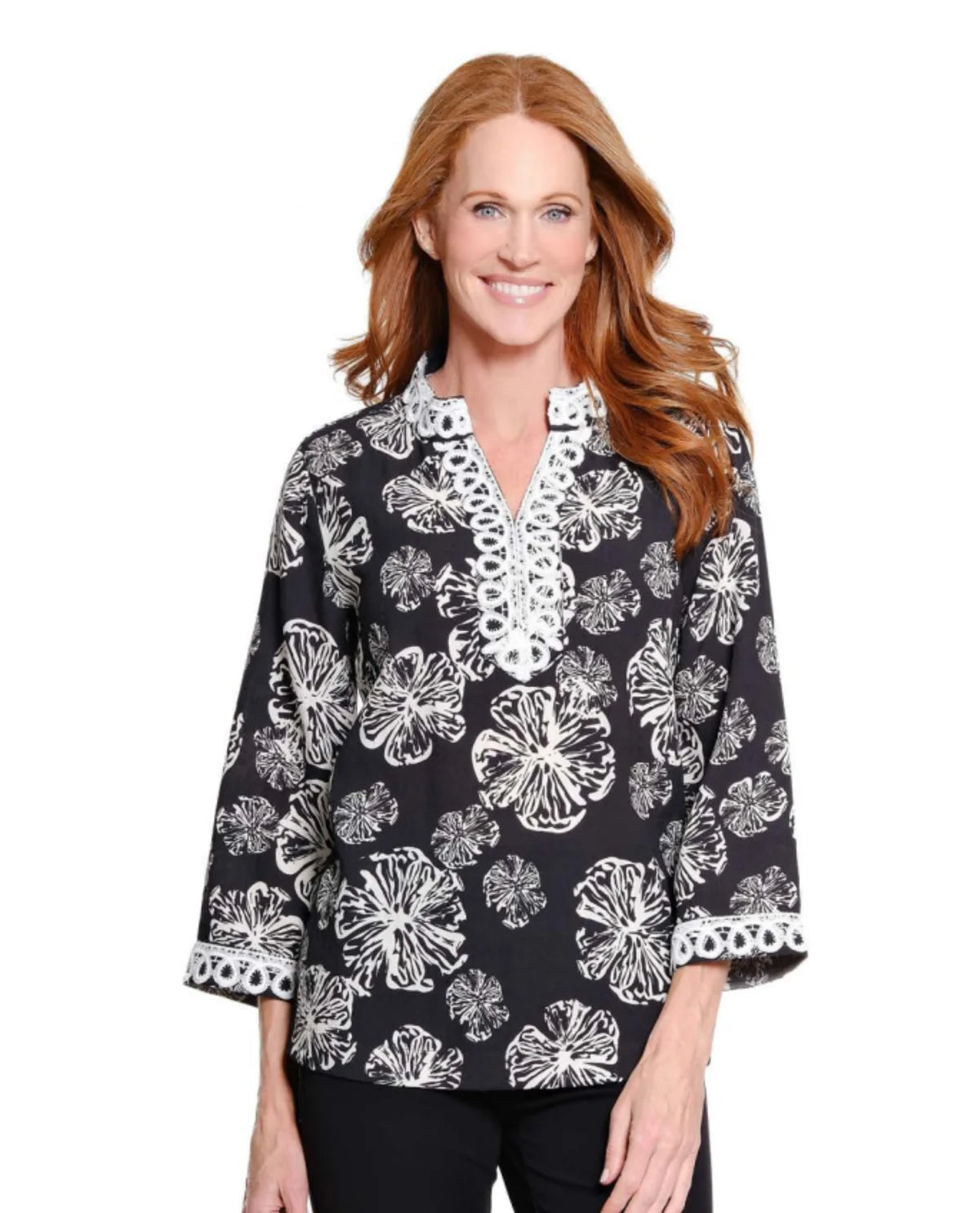 Multiplies  Notch Neck Band Collar Lace Detail Popover Top (M36402TM) (Black White print )