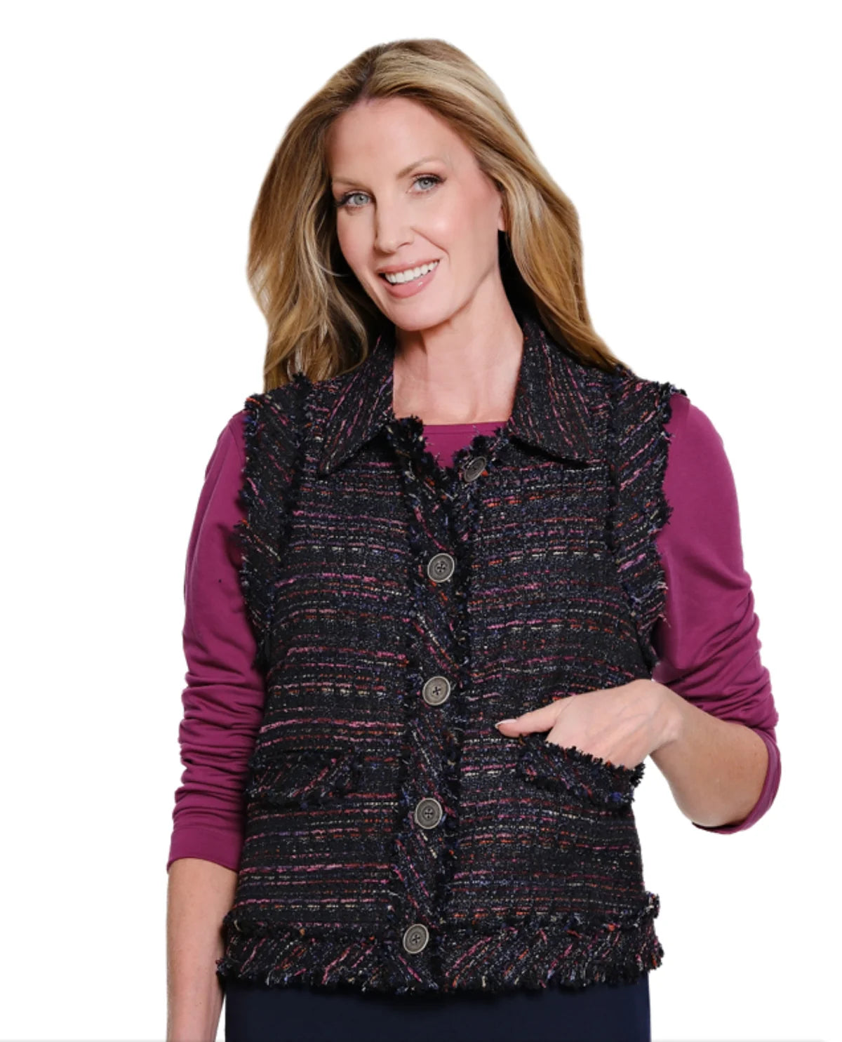 Multiples Textured Woven 2 Pocket Button Front Lined Vest (M46509VM)