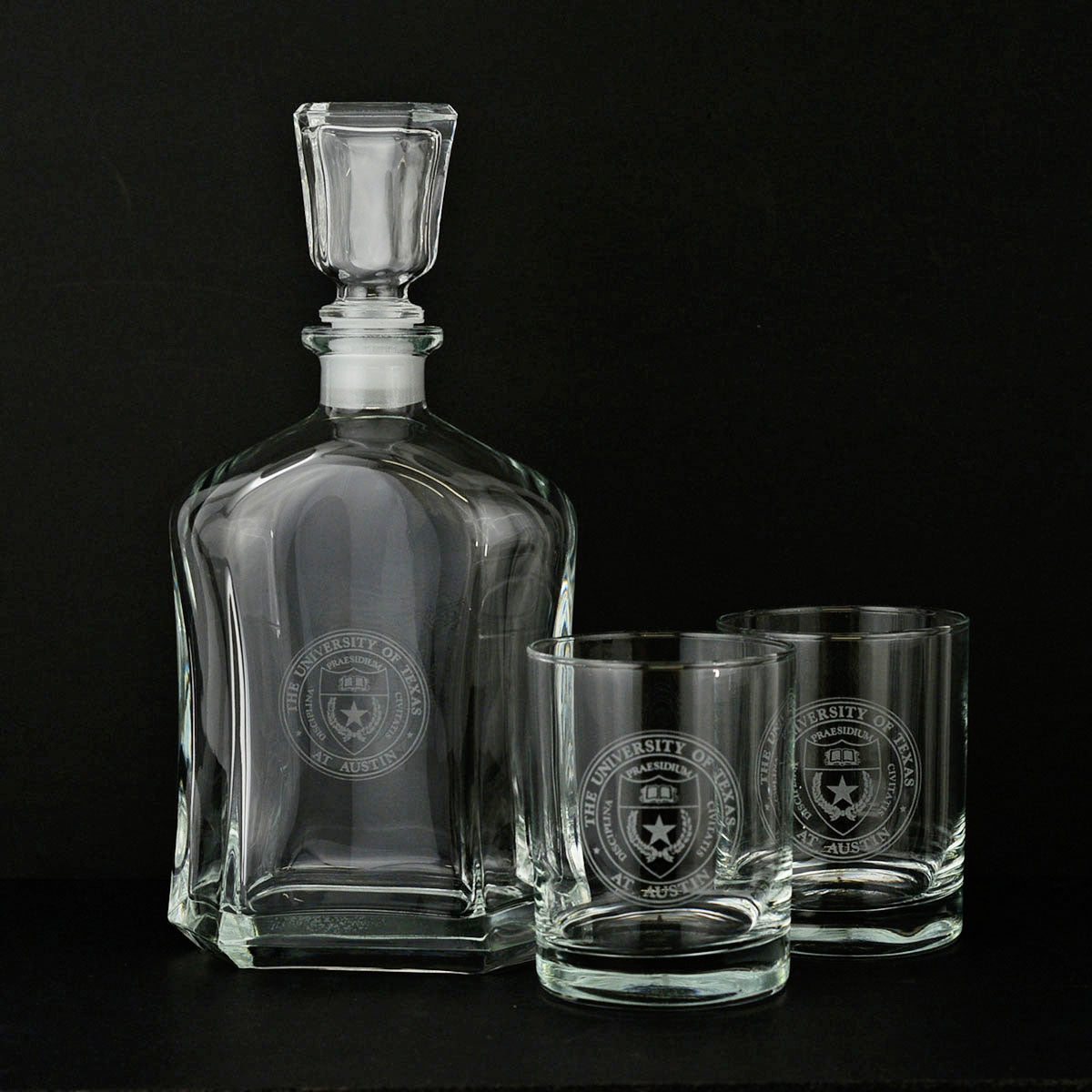 Texas Longhorn 3 Piece Etched  Decanter and Glass Set (X1326)(Seal)