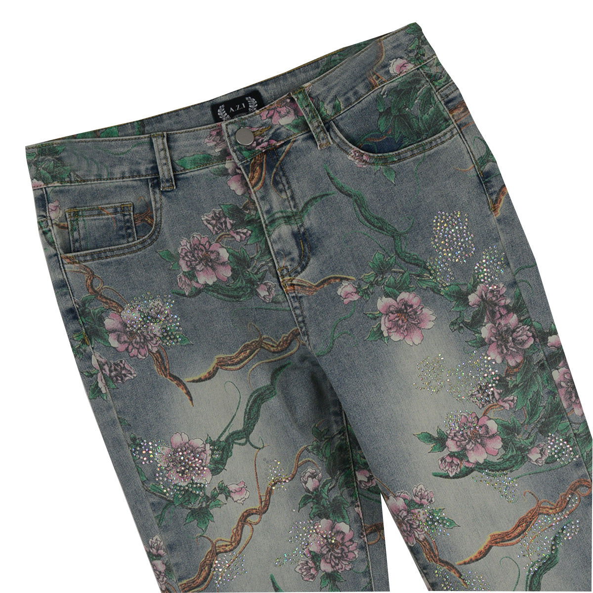 A.Z.I. Denim 5 Pocket Floral Jean With Rhinestones (Z13451) (Denim )
