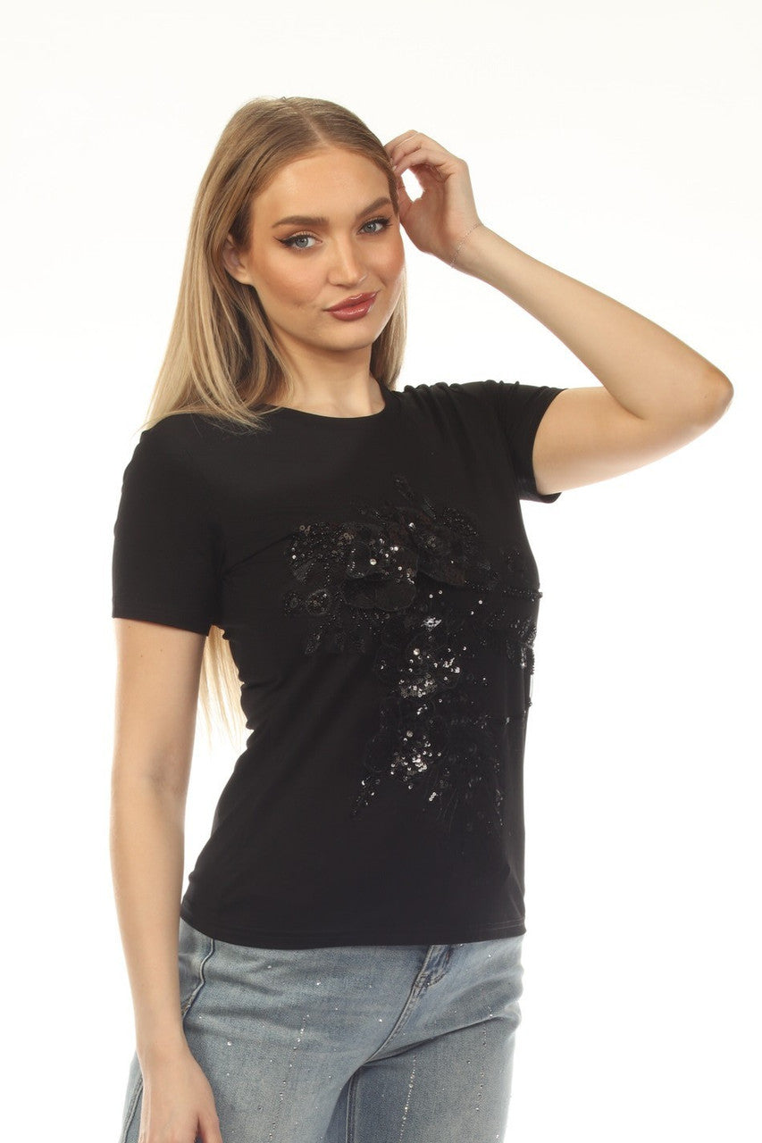A.Z.I. Short Sleeve Embellished Floral and Rhinestone Tee (Z13470)(Two Colors)