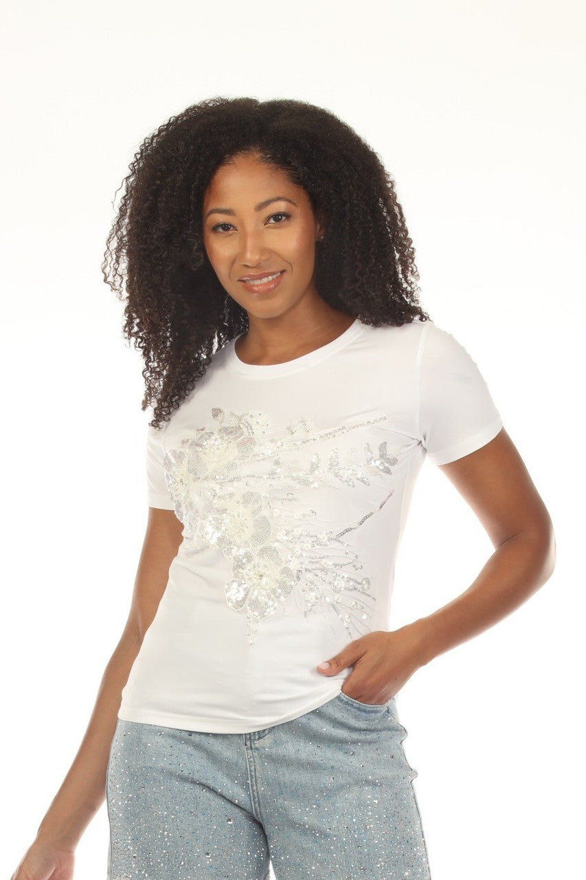 A.Z.I. Short Sleeve Embellished Floral and Rhinestone Tee (Z13470)(Two Colors)