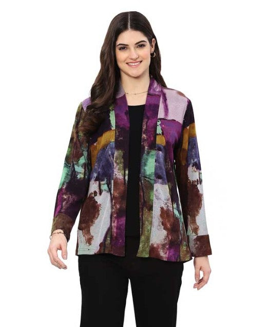 Parsley & Sage Zahara  Abstract Print Open Front Jacket (PURP/MULTI)